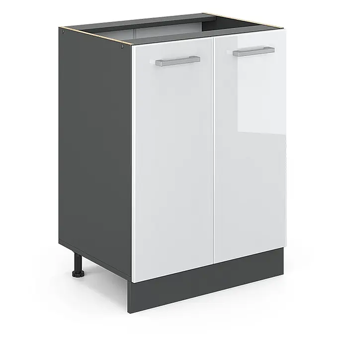 Vicco Schrankküche R-Line Weiß Hochglanz ohne Arbeitsplatte - Weiß Hochglanz, Unterschrank 60 cm - Dunkelgrauer Küchenunterschrank mit zwei glänzend weißen Türen, silbernen Griffen und verstellbaren Füßen.