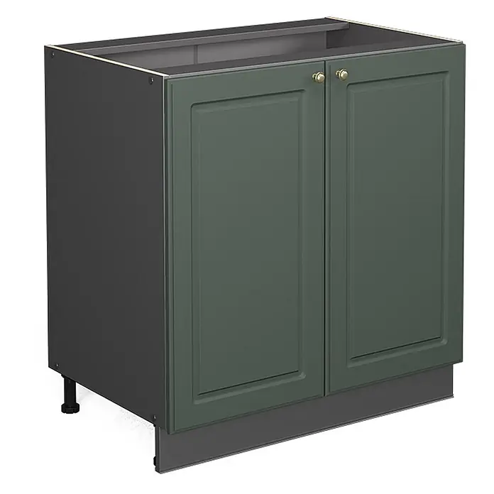 Vicco Schrankküche Fame-Line Grün-Gold Landhaus mit Regal, ohne Arbeitsplatte - Grün-Gold Landhaus, Unterschrank 80 cm - Dunkelgrüner Unterschrank mit zwei Türen, Messinggriffen und dunkelgrauem Korpus.