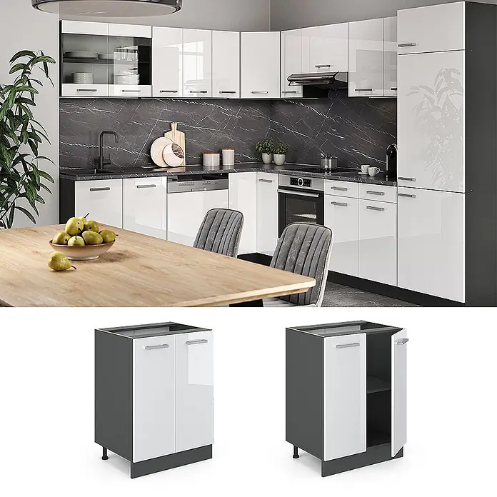 Vicco Schrankküche R-Line Weiß Hochglanz, AP Anthrazit - Weiß Hochglanz, Unterschrank 60 cm, AP Anthrazit - Moderne Einbauküche mit glänzenden weißen Fronten und dunkelgrauen Rahmen, als Ecklösung mit integrierten Geräten.