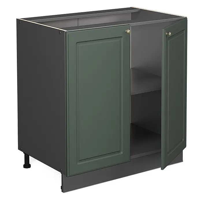 Vicco Schrankküche Fame-Line Grün-Gold Landhaus mit Regal, AP Anthrazit - Grün-Gold Landhaus, Unterschrank 80 cm, AP Anthrazit - Dunkelgrüner Küchenunterschrank mit zwei Kassettentüren und goldenen Griffen, offen mit grauem Innenraum und einem Fach. Verstellbarer Fuß.