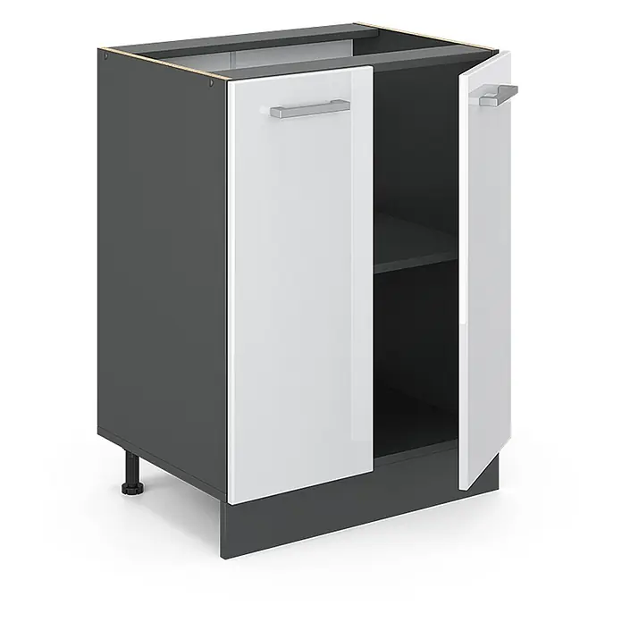 Vicco Schrankküche R-Line Weiß Hochglanz, AP Anthrazit - Weiß Hochglanz, Unterschrank 60 cm, AP Anthrazit - Dunkelgrauer Küchenunterschrank mit zwei weißen Türen, eine offen mit Regal, und Metallgriffen. Verstellbare Füße.