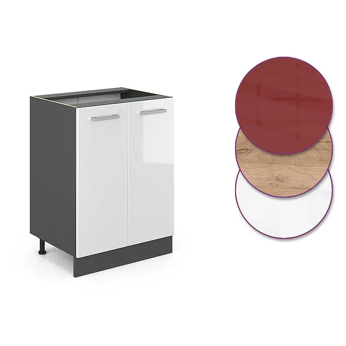 Vicco Schrankküche R-Line Weiß Hochglanz, AP Anthrazit - Weiß Hochglanz, Unterschrank 60 cm, AP Anthrazit - Dunkelgrauer Küchenunterschrank mit zwei hochglänzenden weißen Türen und einem dunklen Sockel, mit roten, Holz- und weißen Materialoptionen.