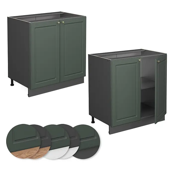 Vicco Schrankküche Fame-Line Grün-Gold Landhaus mit Regal, AP Anthrazit - Grün-Gold Landhaus, Unterschrank 80 cm, AP Anthrazit - Zwei dunkelgrüne Küchenunterschränke mit grauen Rahmen. Einer geschlossen, einer offen mit Regal. Farbmuster für Sockeloptionen.