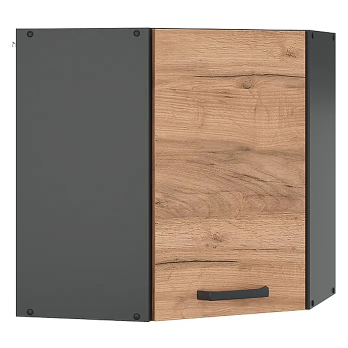 Vicco Schrankküche R-Line Goldkraft Eiche - Goldkraft Eiche, Eckhängeschrank - Eckhängeschrank mit dunkelgrauem Korpus und heller Eiche-Effekt-Tür mit schwarzem Griff.