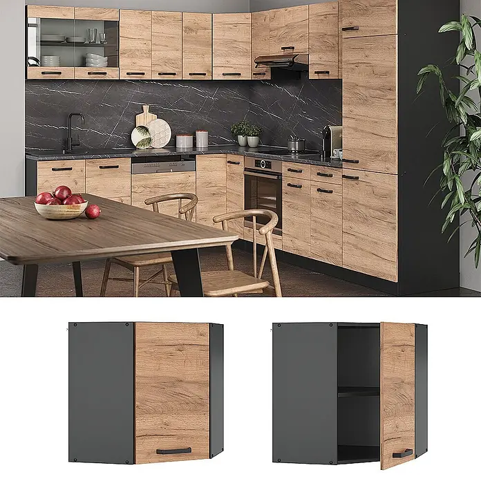 Vicco Schrankküche R-Line Goldkraft Eiche - Goldkraft Eiche, Eckhängeschrank - L-förmige Küche mit hellen Holzoptikschränken, dunkelgrauen Türen und Arbeitsplatte.