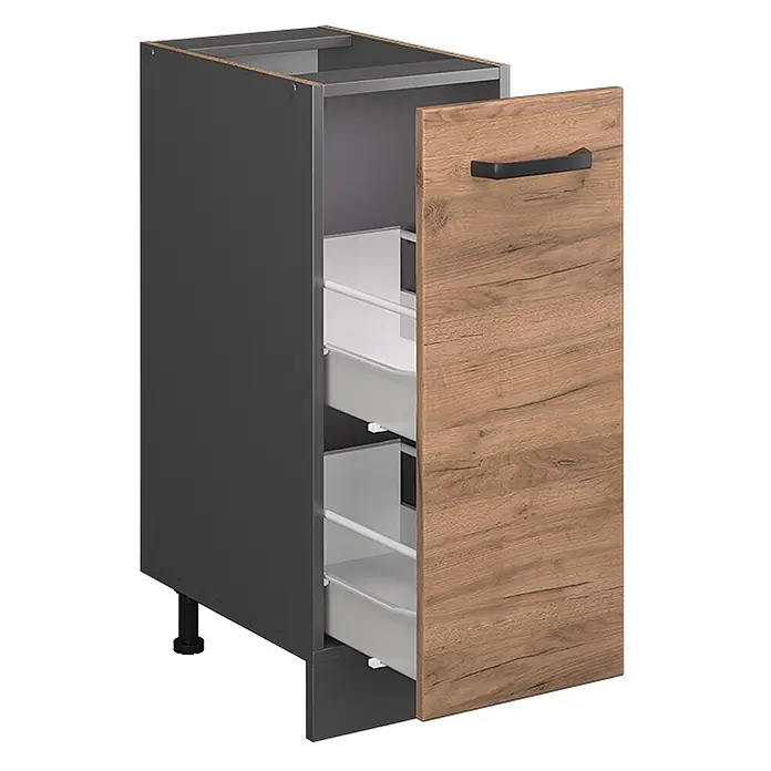 Vicco Schrankküche R-Line Goldkraft Eiche ohne Arbeitsplatte - Goldkraft Eiche, Apothekerunterschrank 30 cm - Dunkelgrauer Küchenunterschrank mit hellbrauner Holzoptiktür, schwarzem Griff und drei internen Auszügen.