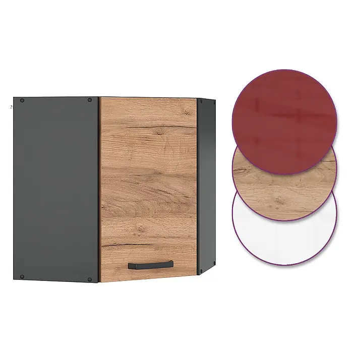 Vicco Schrankküche R-Line Goldkraft Eiche - Goldkraft Eiche, Eckhängeschrank - Wandschrank: Holzoptik-Tür, dunkelgrauer Korpus, schwarzer Griff. Muster: Dunkelrot, Holz, weiße Oberflächen.
