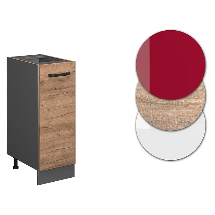 Vicco Schrankküche R-Line Goldkraft Eiche ohne Arbeitsplatte - Goldkraft Eiche, Apothekerunterschrank 30 cm - Dunkelgrauer Küchenunterschrank mit heller Holzfront und schwarzem Griff, gezeigt mit roten, Holz- und weißen Materialoptionen.