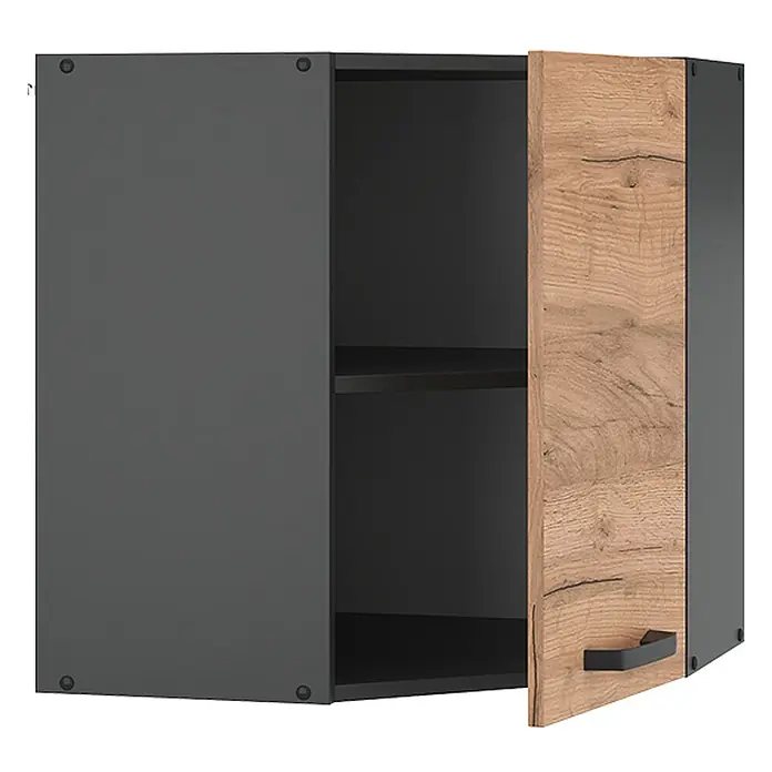 Vicco Schrankküche R-Line Goldkraft Eiche - Goldkraft Eiche, Eckhängeschrank - Dunkelgrauer Wandschrank mit offener Holztür, Regalböden innen und schwarzem Griff.