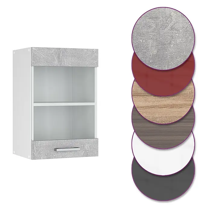 Vicco Schrankküche R-Line Beton - Beton, Hängeglasschrank 40 cm - Weißer Hängeschrank mit offenen Fächern und einer grauen Beton-Optik Schublade, mit mehreren Materialoptionen.