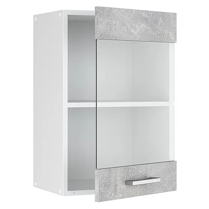 Vicco Schrankküche R-Line Beton - Beton, Hängeglasschrank 40 cm - Weißer Hängeschrank mit grauer Betonoptik-Tür, Klarglasbereich und Metallgriff, zwei Innenfächer.