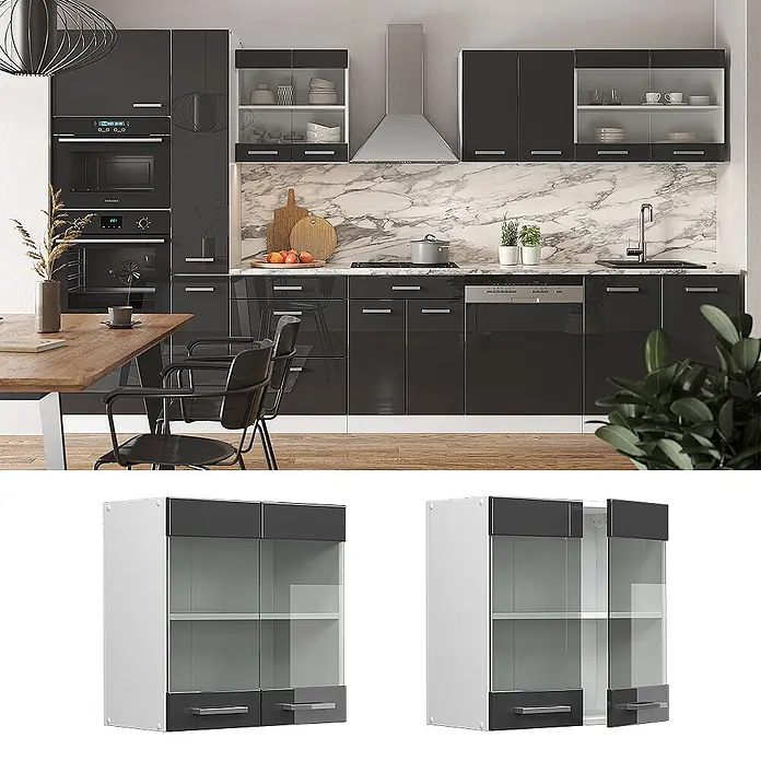 Vicco Schrankküche R-Line Anthrazit Hochglanz - Anthrazit Hochglanz, Hängeglasschrank 60 cm - Moderne Küche mit dunkelgrauen Hochglanz-Unter- und Oberschränken, inklusive Vitrinen.