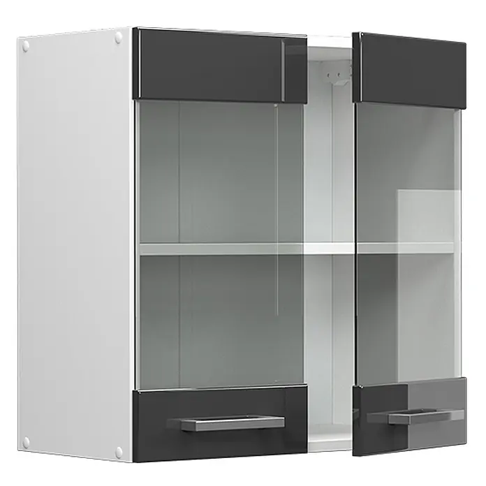 Vicco Schrankküche R-Line Anthrazit Hochglanz - Anthrazit Hochglanz, Hängeglasschrank 60 cm - Weißer Wandschrank mit zwei Türen mit dunkelgrauen Paneelen und Glas, silbernen Griffen und Innenregalen.