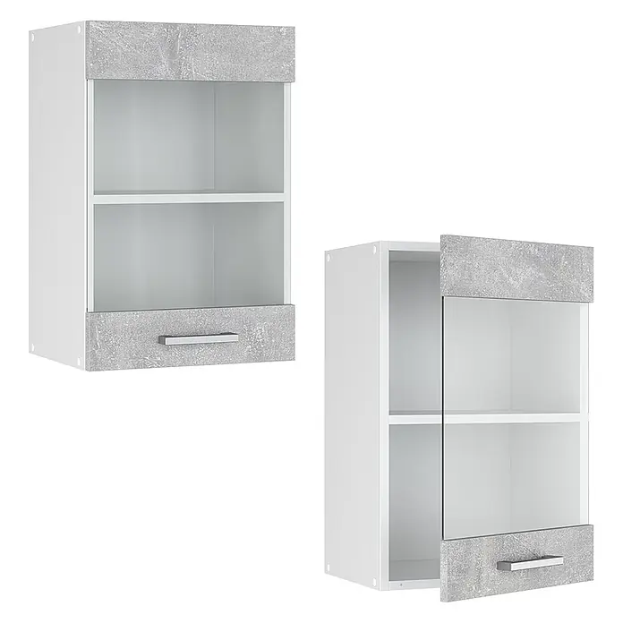 Vicco Schrankküche R-Line Beton - Beton, Hängeglasschrank 40 cm - Weißer Hängeschrank mit grauer Betonoptik-Oberseite und Schubladenfront, offenem Fach und einer Variante mit Glastür.