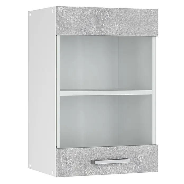 Vicco Schrankküche R-Line Beton - Beton, Hängeglasschrank 40 cm - Moderner weißer Hängeschrank mit zwei offenen Fächern, Oberteil und Schublade in Betonoptik mit silbernem Griff.