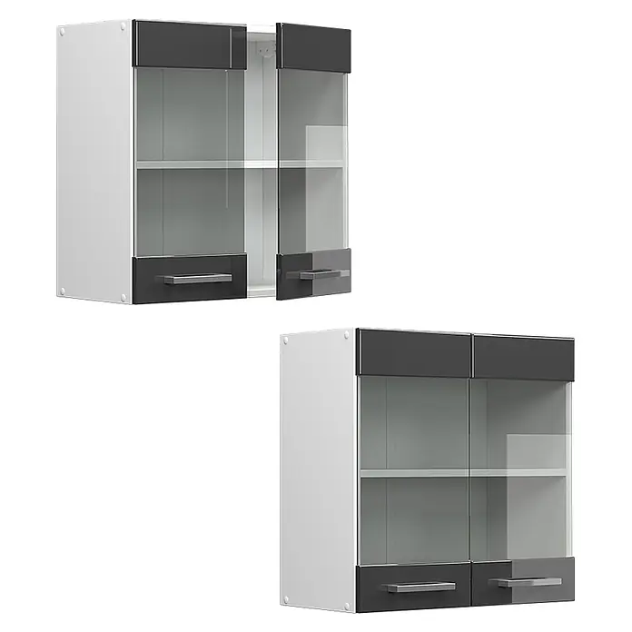 Vicco Schrankküche R-Line Anthrazit Hochglanz - Anthrazit Hochglanz, Hängeglasschrank 60 cm - Zwei weiße und dunkelgraue Hängeschränke mit Glastüren und Regalen. Einer der Schränke hat eine offene Tür, der andere ist vollständig geschlossen.