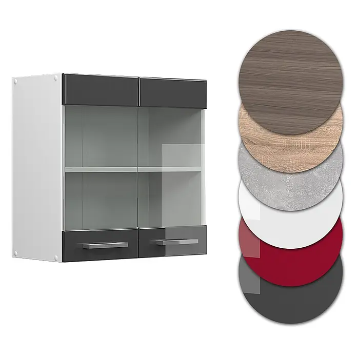 Vicco Schrankküche R-Line Anthrazit Hochglanz - Anthrazit Hochglanz, Hängeglasschrank 60 cm - Wandschrank mit Glastüren, zwei Schubladen, weißen Seiten und anthrazitfarbenen Akzenten, mit Farb- und Materialmustern.