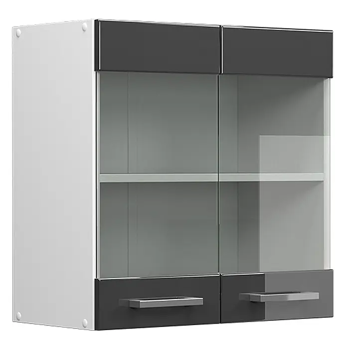 Vicco Schrankküche R-Line Anthrazit Hochglanz - Anthrazit Hochglanz, Hängeglasschrank 60 cm - Weiß-dunkelgrauer Wandschrank mit Glastüren und zwei Schubladen.