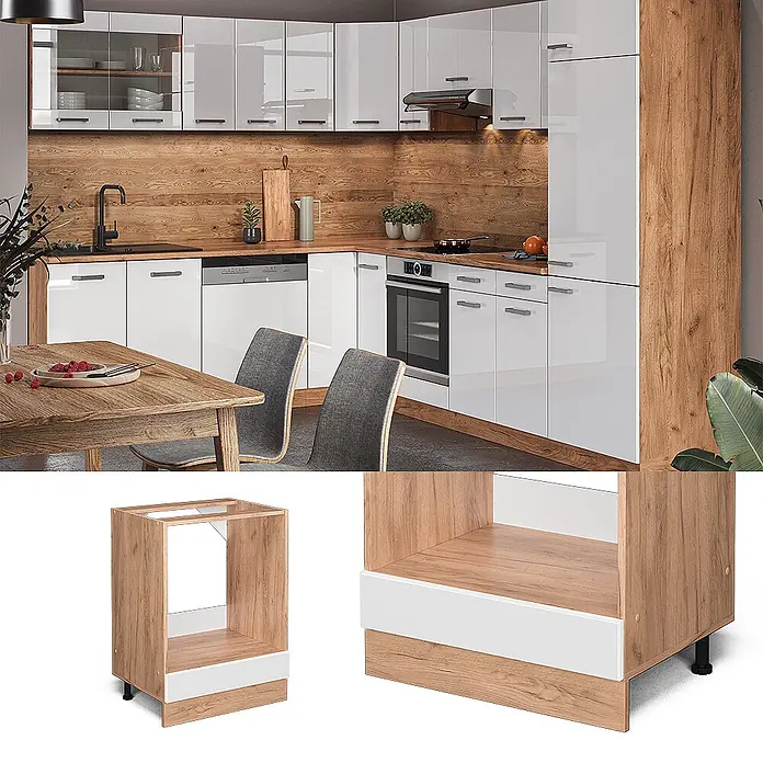 Vicco Schrankküche R-Line Weiß Hochglanz, AP Anthrazit - Weiß Hochglanz, Herdumbauschrank 60 cm, AP Anthrazit - Moderne Küche mit weißen Hochglanzschränken und Holzdetails. Hervorgehoben ist ein Holz-Backofenschrank mit weißer Schublade.