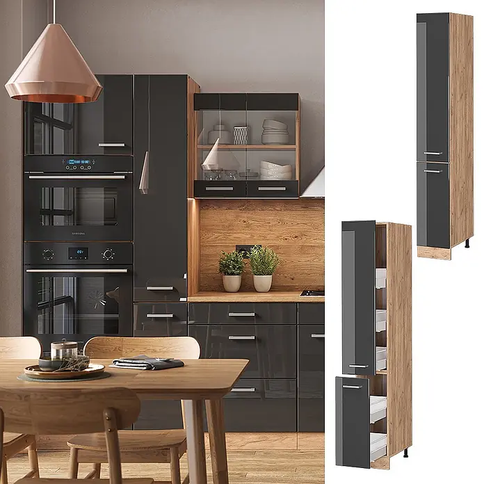Vicco Schrankküche R-Line Anthrazit Hochglanz - Anthrazit Hochglanz, Apothekerhochschrank 30 cm - Hoher Küchen-Vorrratsschrank mit glänzenden dunkelgrauen Türen und hellen Holzseiten, geschlossen und offen mit Auszugregalen.