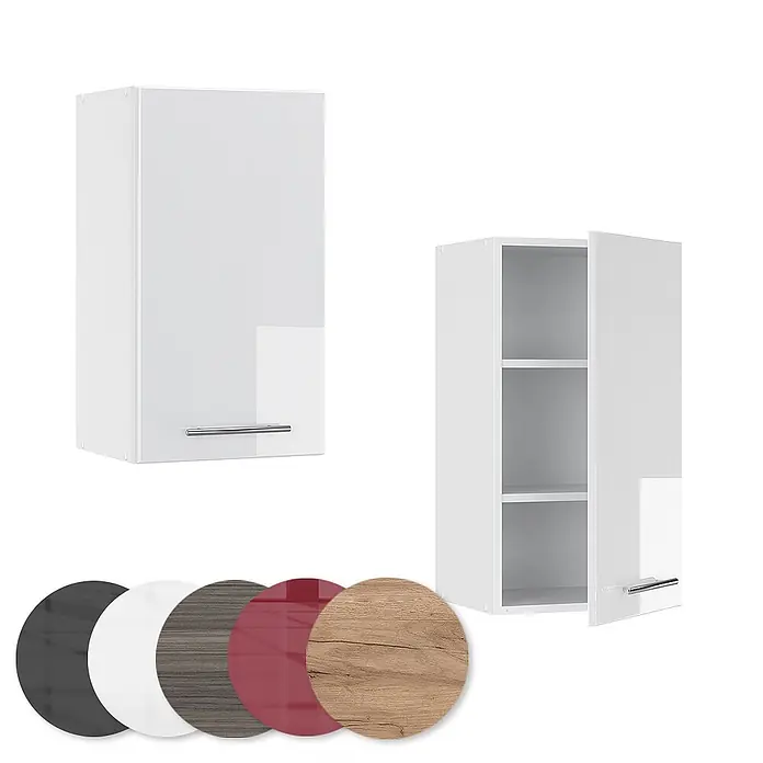 Vicco Schrankküche Fame-Line Weiß Hochglanz - Weiß Hochglanz, Hängeschrank 40 cm - Zwei weiße Hochglanz-Küchenhängeschränke, einer geschlossen, einer offen mit Regalböden. Darunter runde Muster in Dunkelgrau, Weiß, Holzgrau, Rot und hellem Holz.