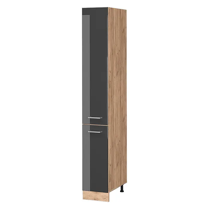 Vicco Schrankküche R-Line Anthrazit Hochglanz - Anthrazit Hochglanz, Apothekerhochschrank 30 cm - Moderner Hochschrank mit glänzend dunkelgrauen Türen und heller Holzmaserung an der Seite, mit zwei silbernen Griffen und verstellbaren Füßen.