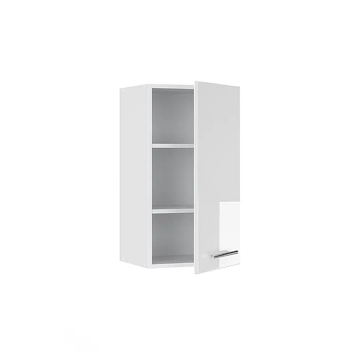 Vicco Schrankküche Fame-Line Weiß Hochglanz - Weiß Hochglanz, Hängeschrank 40 cm - Weißer Wandschrank mit offener Tür, der zwei interne Ablagen und einen Chromgriff zeigt.