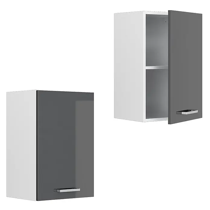 Vicco Schrankküche R-Line Anthrazit Hochglanz - Anthrazit Hochglanz, Hängeschrank 40 cm - Zwei weiße und graue Küchenhängeschränke. Einer ist geschlossen, der andere offen und zeigt ein Innenregal.