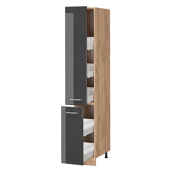 Vicco Schrankküche R-Line Anthrazit Hochglanz - Anthrazit Hochglanz, Apothekerhochschrank 30 cm - Hoher Küchenschrank mit Holzoptikrahmen und dunkelgrauen Hochglanztüren, die mehrere Auszugskörbe zeigen.