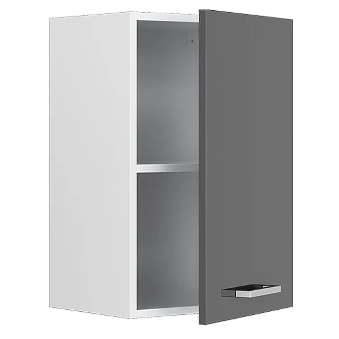 Vicco Schrankküche R-Line Anthrazit Hochglanz - Anthrazit Hochglanz, Hängeschrank 40 cm - Weiß-dunkelgrauer Hängeschrank mit leicht geöffneter Tür, zeigt ein Innenregal und einen silbernen Griff.