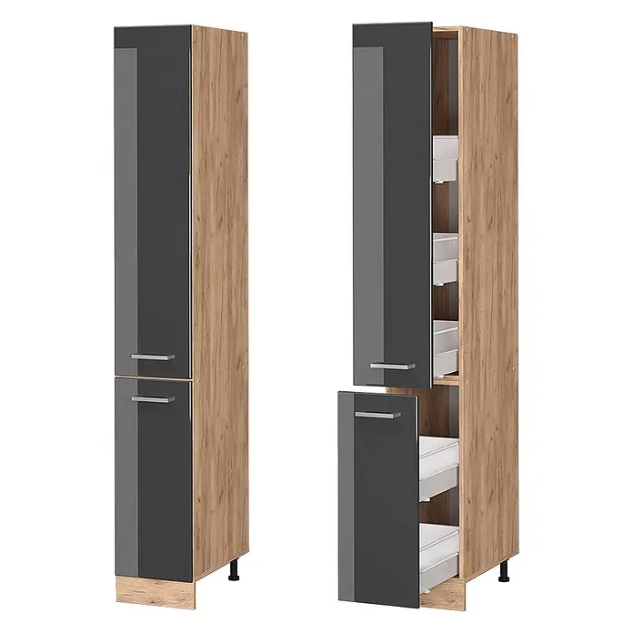 Vicco Schrankküche R-Line Anthrazit Hochglanz - Anthrazit Hochglanz, Apothekerhochschrank 30 cm - Hoher Schrank mit dunkelgrauen Hochglanztüren und Holzoptik-Korpus, geschlossen und geöffnet mit weißen Auszugskörben.