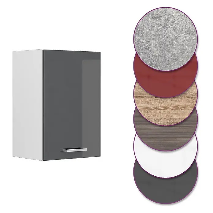 Vicco Schrankküche R-Line Anthrazit Hochglanz - Anthrazit Hochglanz, Hängeschrank 40 cm - Weißer Wandschrank mit dunkelgrauer Tür und silbernem Griff, daneben Materialmuster in Beton, Rot, Holz, Weiß und Dunkelgrau.