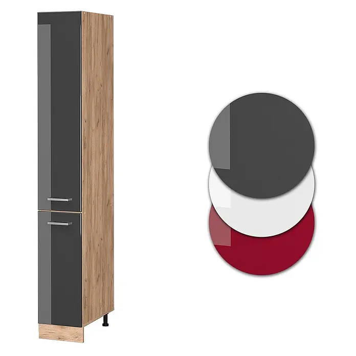 Vicco Schrankküche R-Line Anthrazit Hochglanz - Anthrazit Hochglanz, Apothekerhochschrank 30 cm - Hoher Schrank: Korpus in Holzoptik, glänzende dunkelgraue Türen mit Griffen. Inklusive Farbmuster: Dunkelgrau, Weiß, Rot.