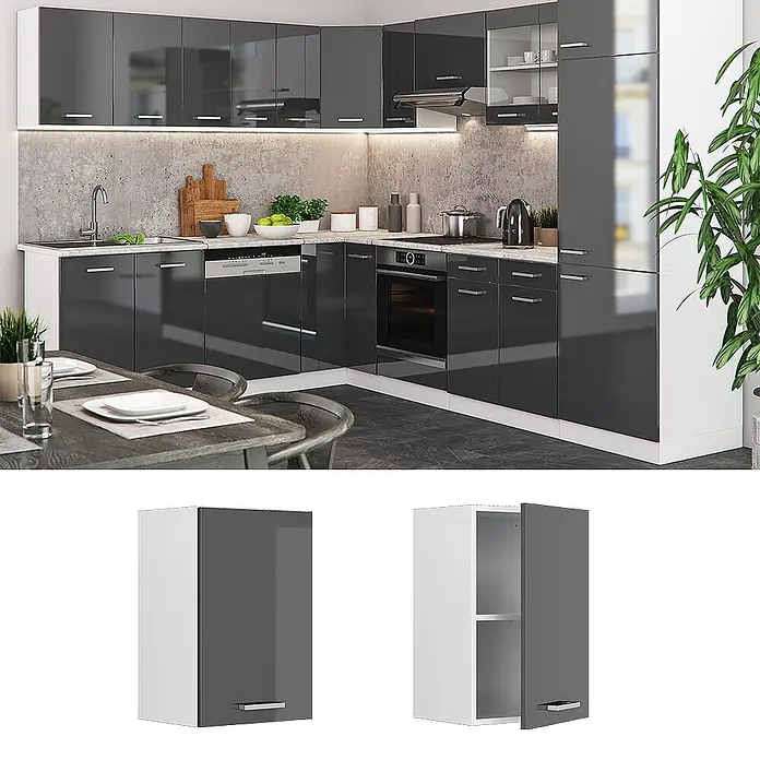 Vicco Schrankküche R-Line Anthrazit Hochglanz - Anthrazit Hochglanz, Hängeschrank 40 cm - Moderne Küche mit hochglanz dunkelgrauen und weißen Modulschränken und integrierten Geräten.