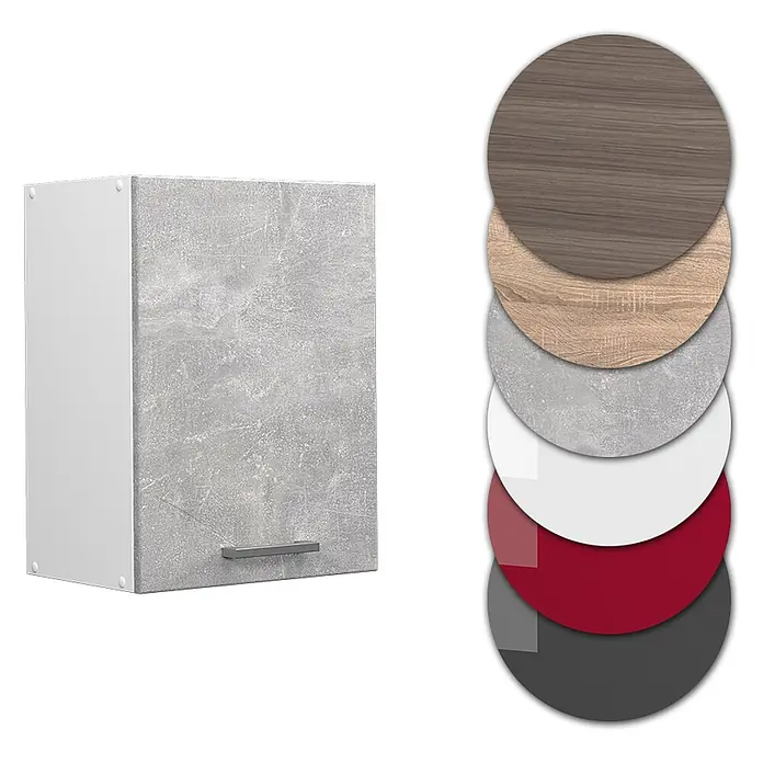 Vicco Schrankküche R-Line Beton - Beton, Hängeschrank 45 cm - Küchenwandschrank mit grauer Beton-Optik-Tür, weißem Korpus und silbernem Griff. In verschiedenen Farben erhältlich.