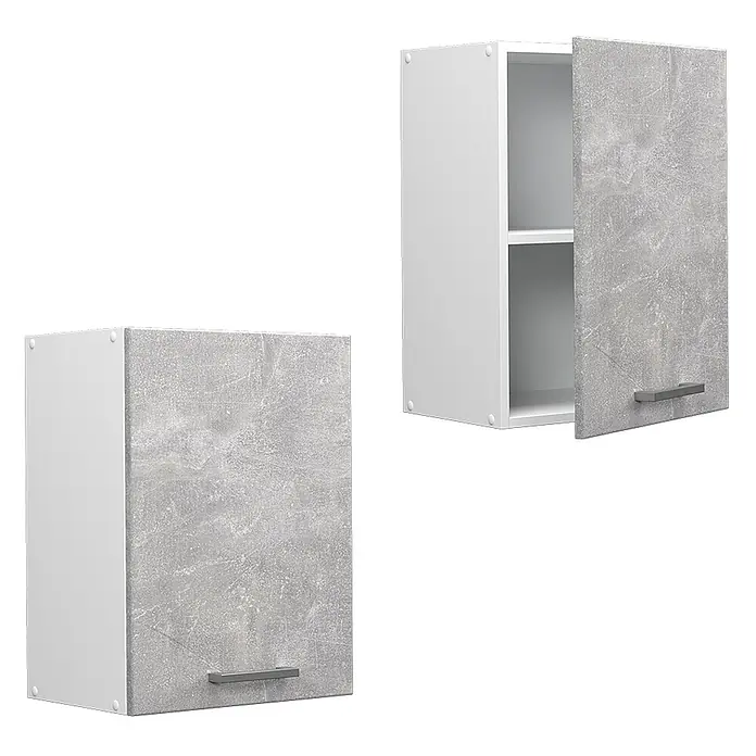Vicco Schrankküche R-Line Beton - Beton, Hängeschrank 45 cm - Zwei weiße Wandschränke mit grauen Betonoptik-Türen; einer offen mit Regalböden.