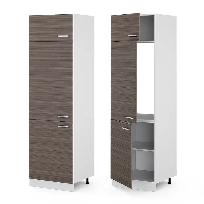 Vicco Schrankküche R-Line Edelgrau - Edelgrau, Kühlumbauschrank 60 cm - Hoher weißer und dunkelbrauner Schrank mit Holzmaserungstüren, einer geschlossen, der andere offen mit Regalen.