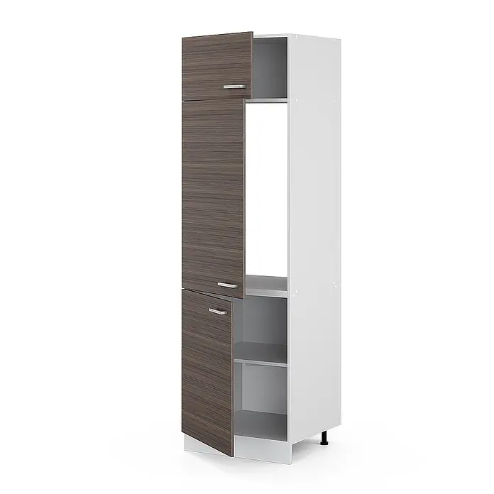 Vicco Schrankküche R-Line Edelgrau - Edelgrau, Kühlumbauschrank 60 cm - Hoher zweifarbiger Schrank mit dunklen Holztüren und weißem Korpus, mit offenen und geschlossenen Fächern.