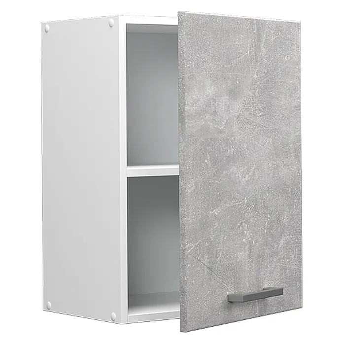 Vicco Schrankküche R-Line Beton - Beton, Hängeschrank 45 cm - Weißer Wandschrank mit grauer Tür in Betonoptik und zwei Innenfächern.