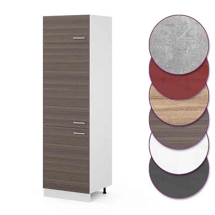 Vicco Schrankküche R-Line Edelgrau - Edelgrau, Kühlumbauschrank 60 cm - Hoher Küchenschrank mit dunklen Holzmaserungstüren, weißer Seitenwand und Materialmustern.