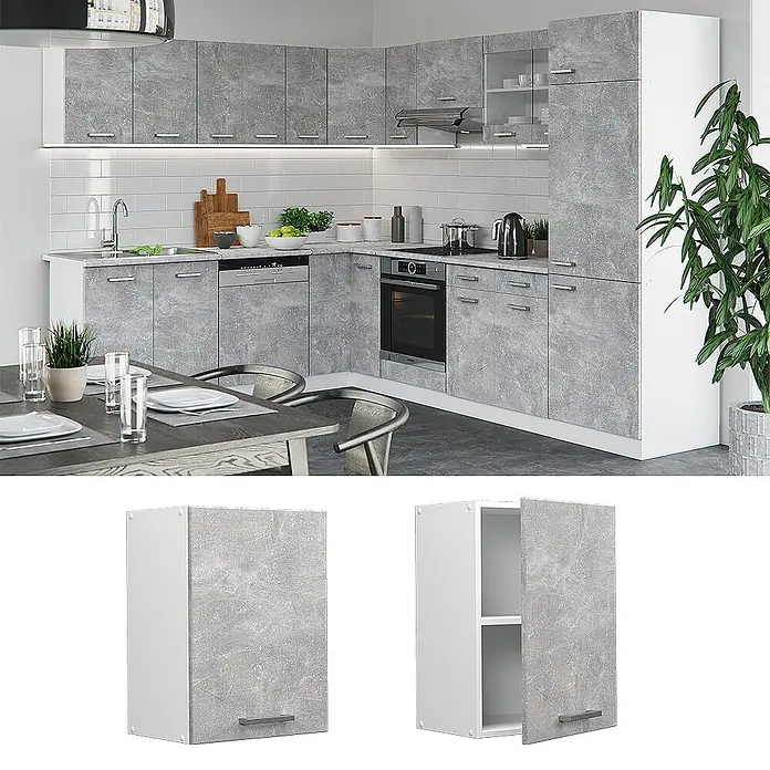Vicco Schrankküche R-Line Beton - Beton, Hängeschrank 45 cm - Moderne Eckküche mit grauen Betonoptik-Schränken und weißen Rahmen.