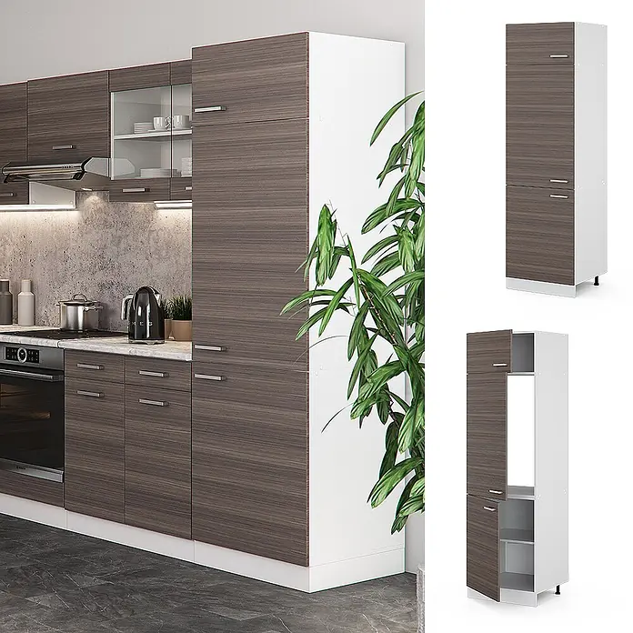 Vicco Schrankküche R-Line Edelgrau - Edelgrau, Kühlumbauschrank 60 cm - Moderne Küchenschränke in dunkler Holzoptik und Weiß, mit integrierten Geräten und Hochschränken.