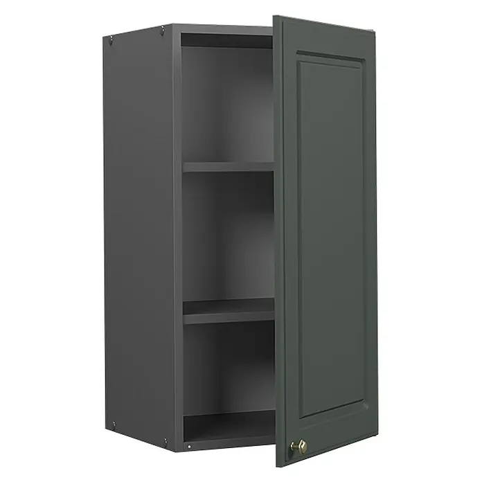 Vicco Schrankküche Fame-Line Grün-Gold Landhaus - Grün-Gold Landhaus, Hängeschrank 40 cm - Dunkelgrauer Wandschrank mit offener Kassettentür und goldenem Knauf, zeigt Innenregale.