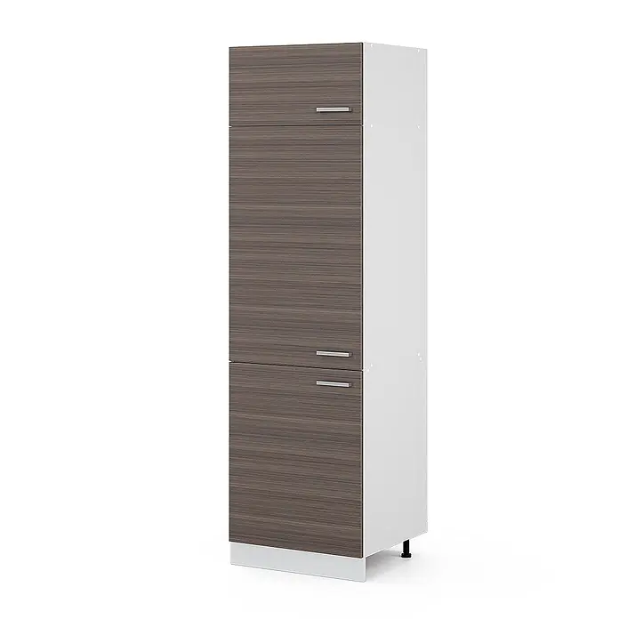 Vicco Schrankküche R-Line Edelgrau - Edelgrau, Kühlumbauschrank 60 cm - Hoher weißer Schrank mit dunklen Holzmaserungstüren und -schubladen, mit silbernen Griffen.