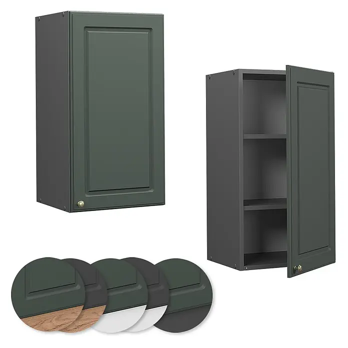 Vicco Schrankküche Fame-Line Grün-Gold Landhaus - Grün-Gold Landhaus, Hängeschrank 40 cm - Dunkelgrünes Wandschrank-Set, einer geschlossen, einer offen mit Regalen. Farb- und Materialmuster enthalten.