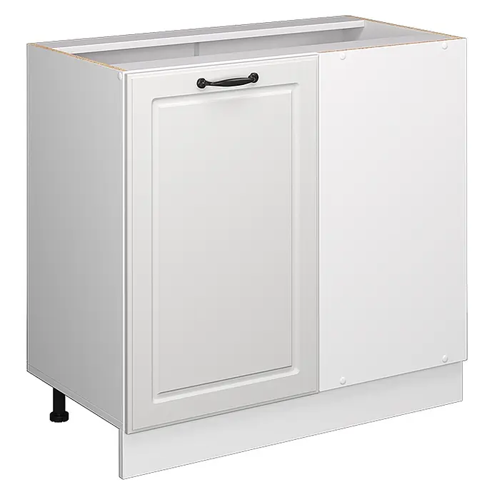 Vicco Schrankküche R-Line Weiß Landhaus ohne Arbeitsplatte - Weiß Landhaus, Eckunterschrank 86 cm - Weißer Küchenunterschrank mit Kassettenfront, schwarzem Griff, verstellbaren Füßen und Sockelblende.