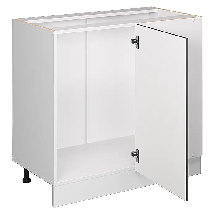 Vicco Schrankküche R-Line Weiß Landhaus ohne Arbeitsplatte - Weiß Landhaus, Eckunterschrank 86 cm - Weißer Küchenunterschrank mit offener Tür, der den Innenraum zeigt. Er hat verstellbare Stützfüße.