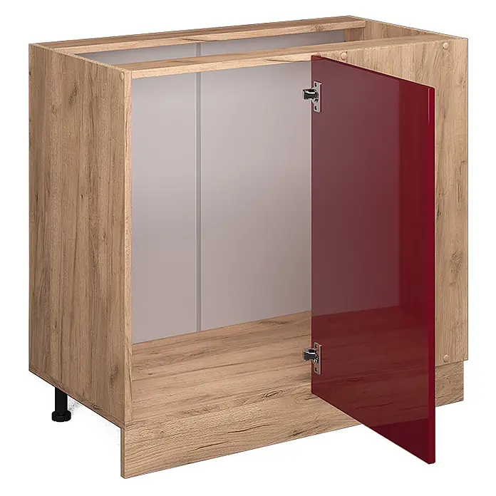 Vicco Schrankküche R-Line Rot Hochglanz, AP Anthrazit - Rot Hochglanz, Eckunterschrank 86 cm, AP Anthrazit - Küchenunterschrank in Holzoptik mit geöffneter glänzender roter Tür.