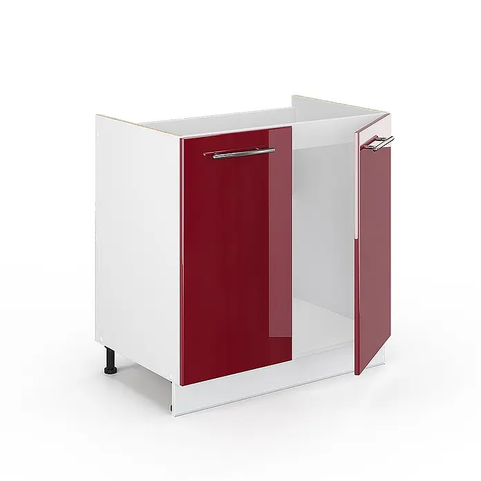 Vicco Schrankküche Fame-Line Bordeaux Hochglanz, AP Eiche - Bordeaux Hochglanz, Spülenunterschrank 80 cm, AP Eiche - Weißer Küchenunterschrank mit zwei glänzenden roten Türen, eine leicht geöffnet, mit Chromgriffen und weißem Innenraum.