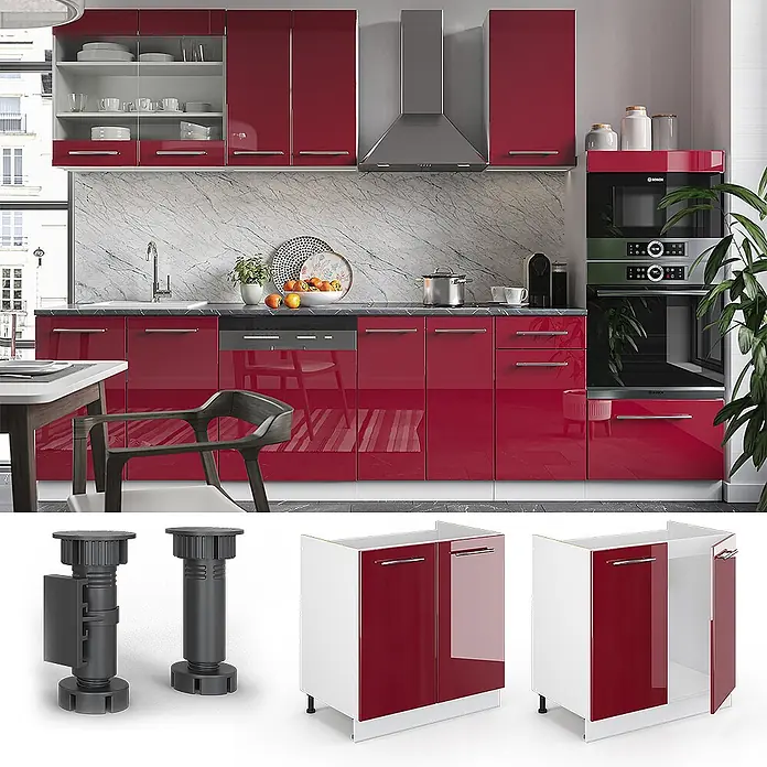 Vicco Schrankküche Fame-Line Bordeaux Hochglanz, AP Eiche - Bordeaux Hochglanz, Spülenunterschrank 80 cm, AP Eiche - Rote Hochglanz-Küchenschränke in einem modernen Küchendesign.